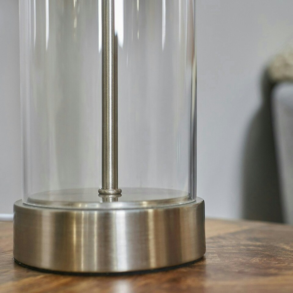 image 1 of ValueLights Balan Clear Table Lamp with Large White Drum Shade and E27 Globe LED 4W Warm White 2700K Bulb