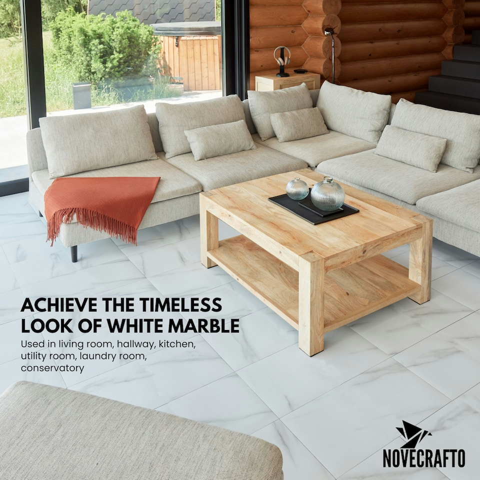 image 1 of NOVECRAFTO Vinyl Floor Tiles Self Adhesive – 12x24in Peel and Stick Waterproof Rectangular Flooring for Kitchen & Bathroom – White Marble Effect Design White | 5.57 sqm