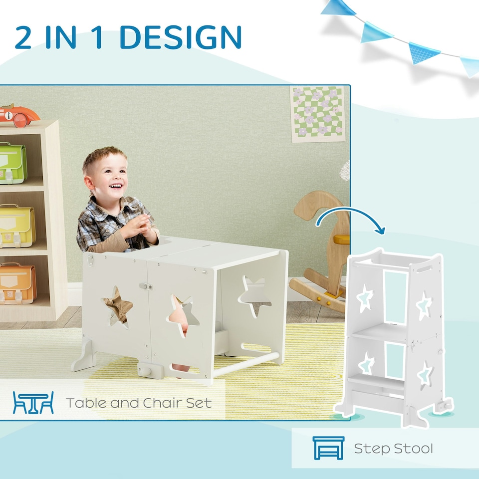 image 1 of AIYAPLAY 2-in-1 Toddler Step Stool with Safety Rail for Kitchen, White 