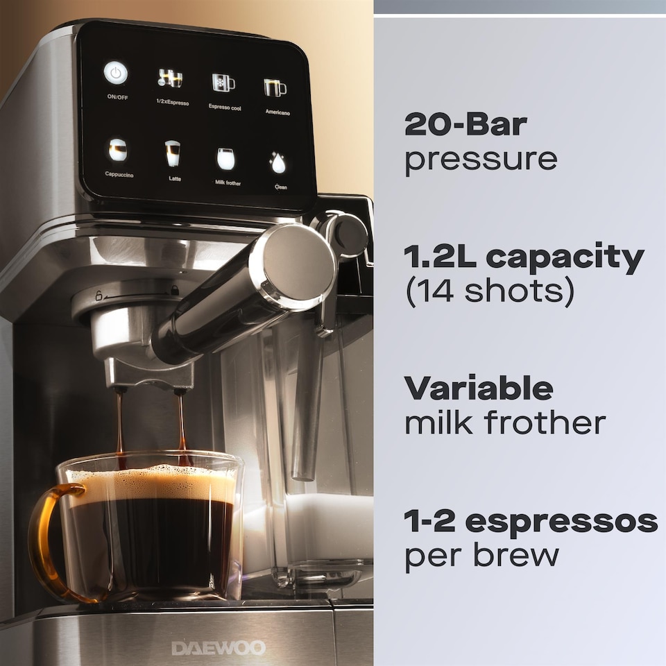 image 1 of Daewoo 20 Bar Espresso Coffee Machine with Milk Tank