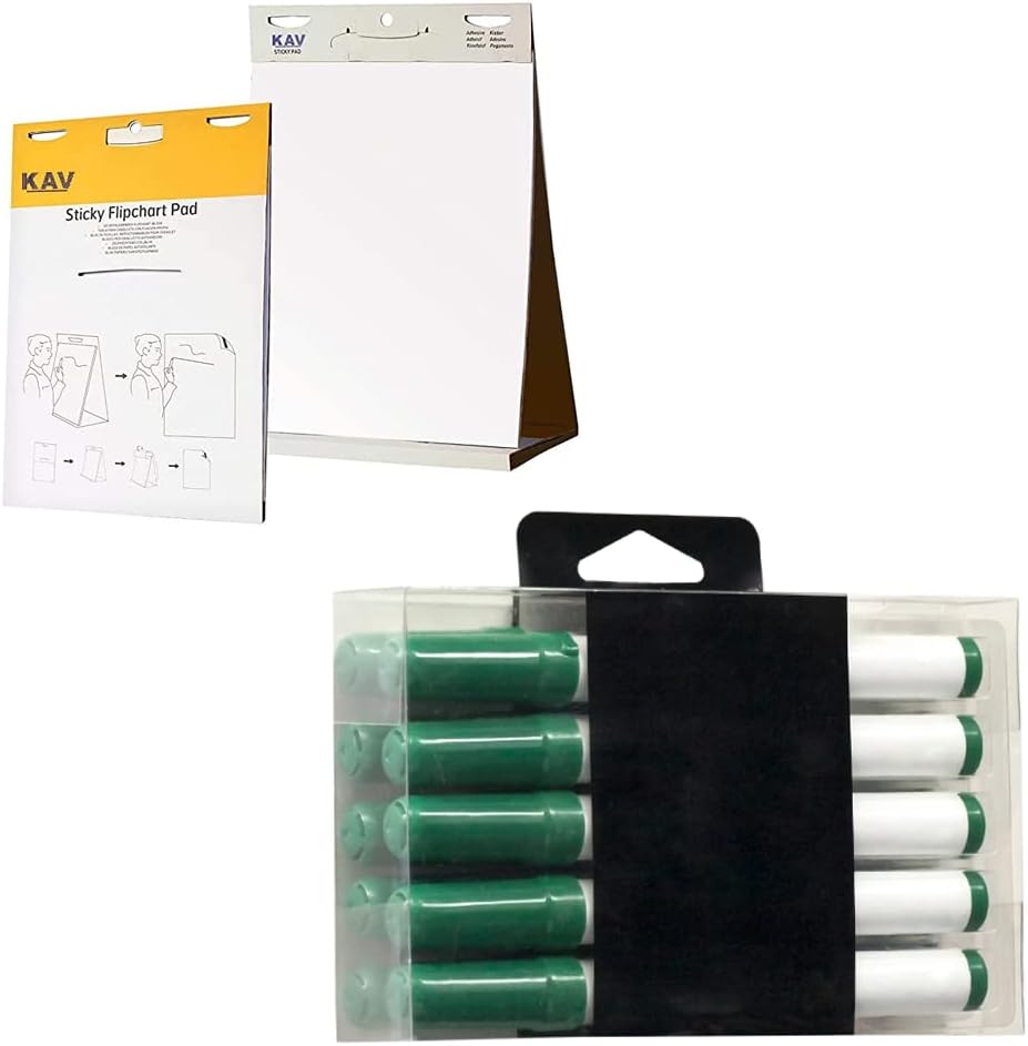 KAV Tabletop Self Stick Flipchart Paper Pad with Dry Erase Pens, 58.5x50cm Plain 20 Sheets with Non-Toxic Markers for White Boards