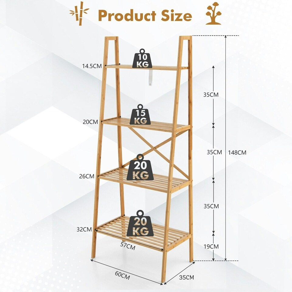 image 1 of COSTWAY 4-Tier Ladder Shelf Bookcase Storage Organizer Brown