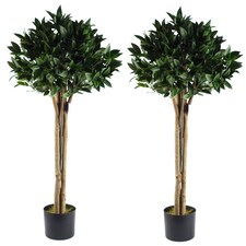 Artificial 120cm Pair of Bay Tree Laurel UV Resistant Outdoor Topiary | Green | 4ft