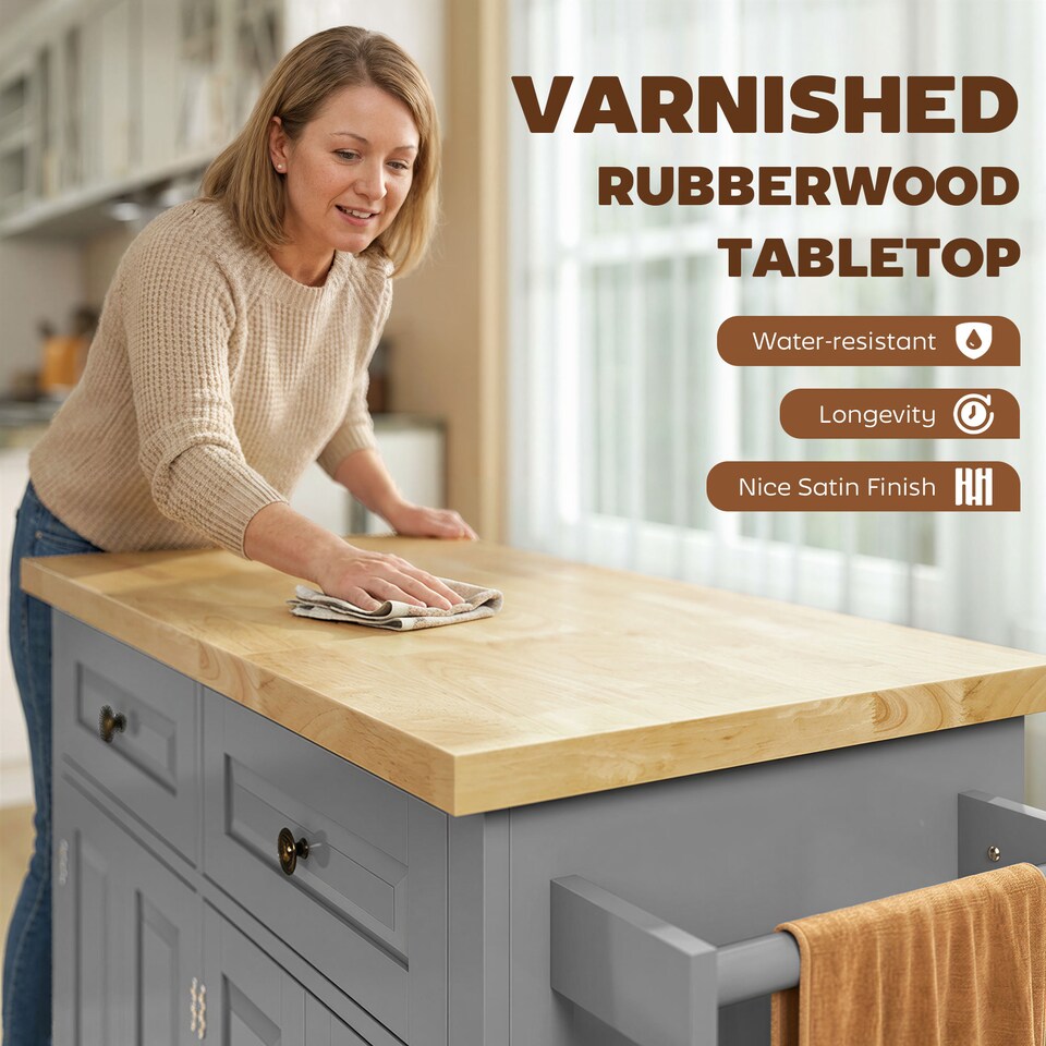 image 1 of HOMCOM Kitchen Island on Wheels, Rolling Kitchen Storage Trolley with Rubber Wood Top, Drawers, Adjustable Shelves, Towel and Spice Rack for Dining Room, Grey