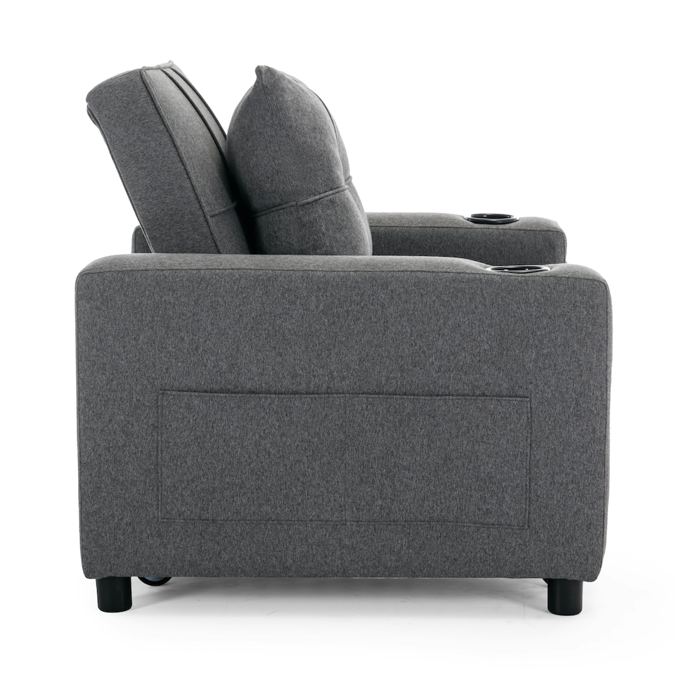 image 1 of Hudson 1-Seater Sofa Bed Linen Fabric with Cup Holders (Grey)