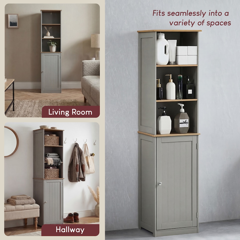 image 1 of Bath Vida Priano 1 Door 2 Shelf Tall Bathroom Cabient, Grey & Oak