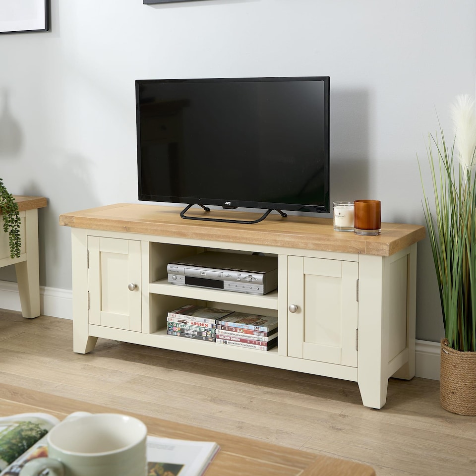 image 1 of 2 Doors 2 Shelves TV Stand Media Entertainment Storage Cabinet Wooden | White | White