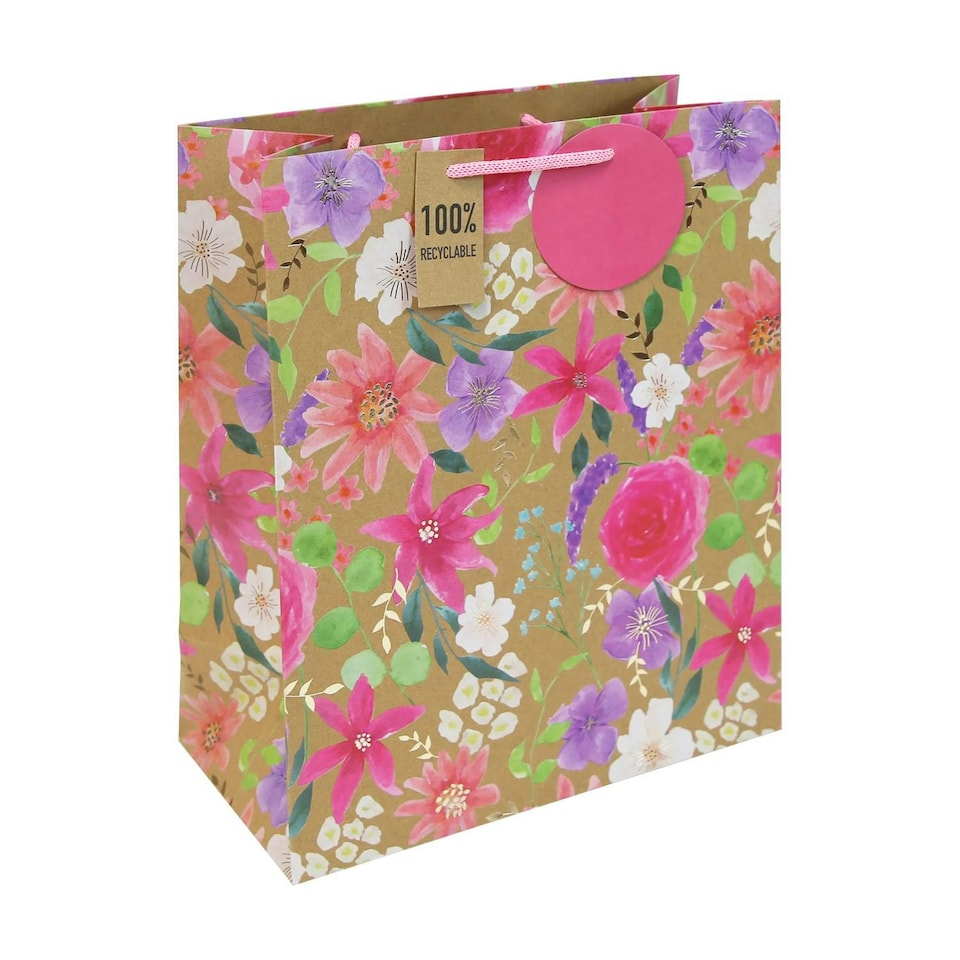 image 1 of Pack of 6 Kraft Floral Large Gift Bags | Brown | 12