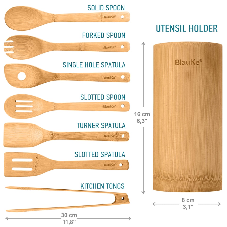 image 1 of BlauKe Wooden Kitchen Utensils Set of 8 - Non-Stick Bamboo Cooking Utensils - Wooden Spatulas, Wooden Spoons, Tong, Utensil Holder