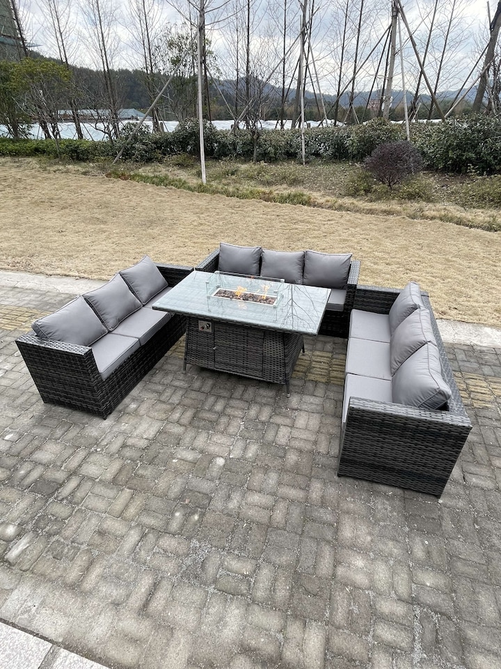 image 1 of Fimous 9 Seater U Shape Outdoor Lounge Rattan Sofa Set Garden Furniture Gas Firepit Set Dining Table Dark Grey Mixed