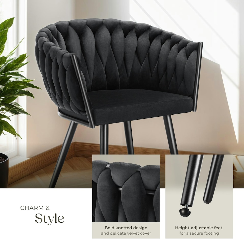 image 1 of Dining Chair Astano - padded, velvet, knot design, continuous backrest - Set of 2 Black