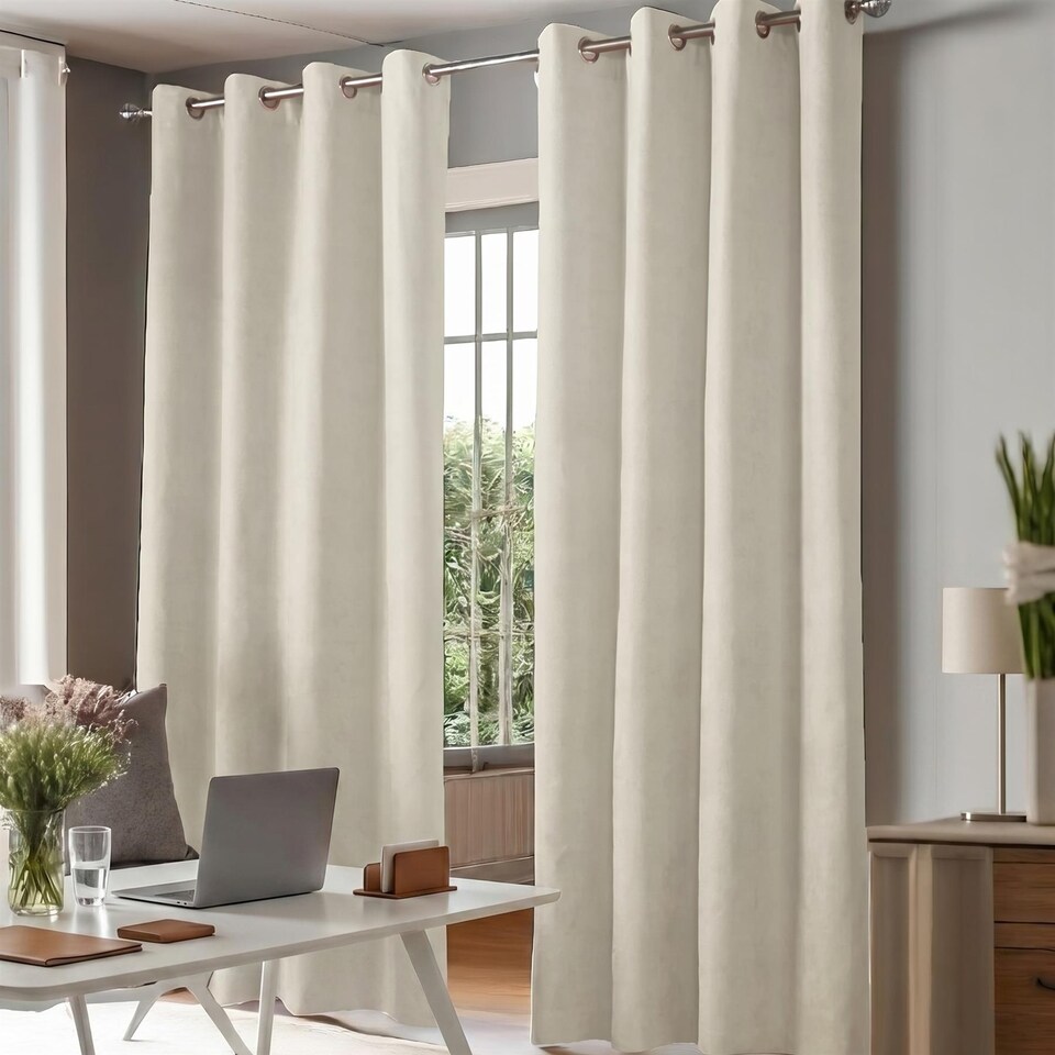 image 1 of Velvet Chenille Eyelet Curtains Ready Made Pair - 142cm x 229cm - Cream