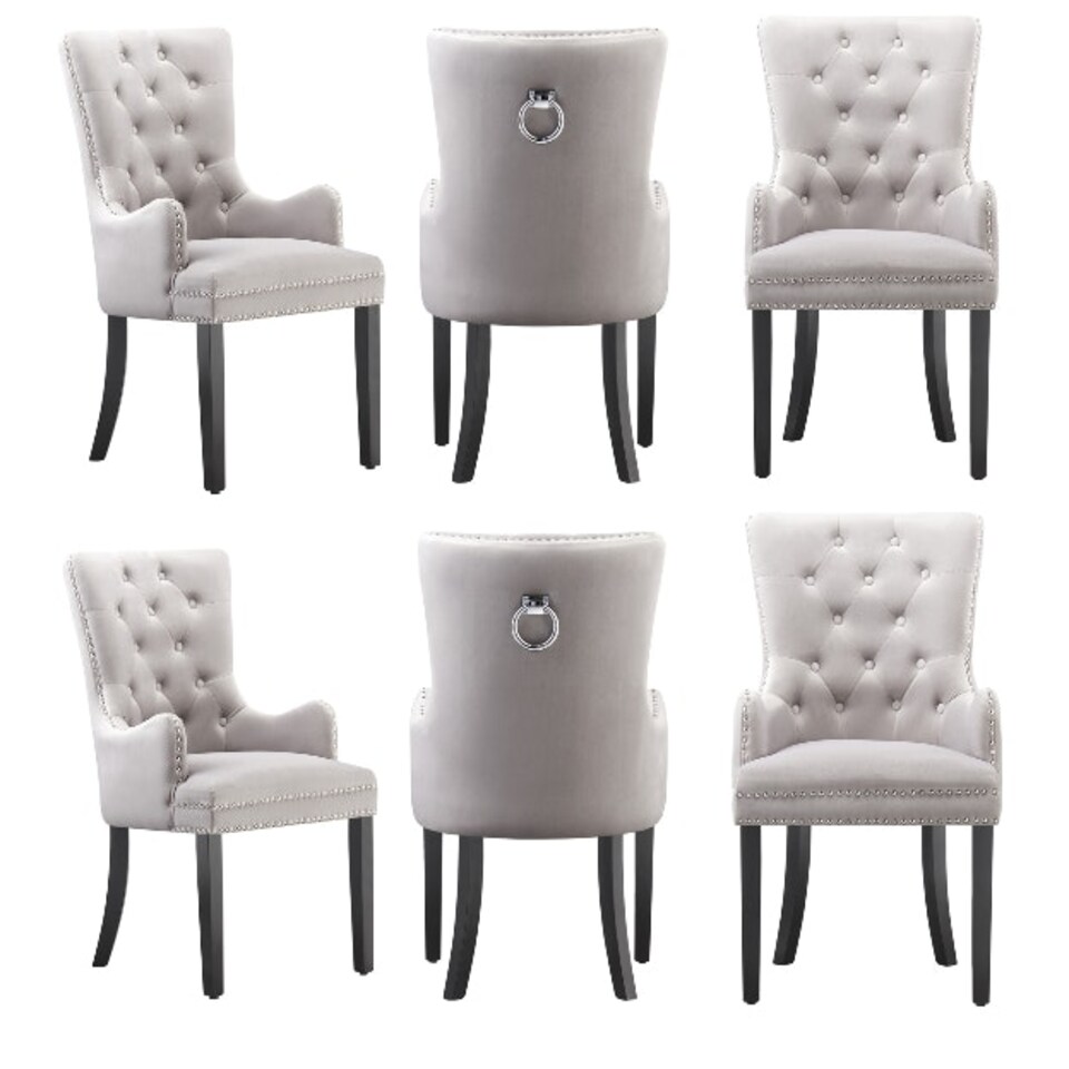 image 1 of Set of 6 Velvet Dining Chairs with Armrest, Ergonomic Scoop Knockerback & Button Tufted Wood Legs Grey | Dark Grey