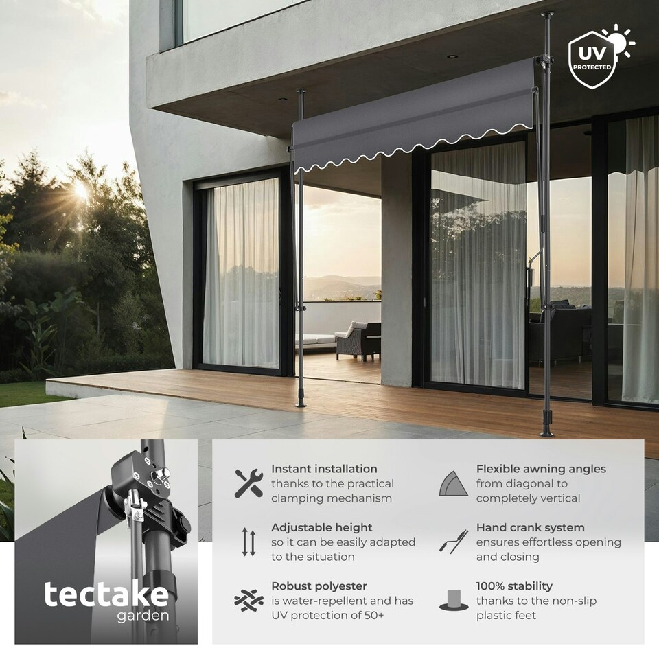 image 1 of Awning with hand crank - pressure fitted , height adjustable Black | Grey | 180 x 250 cm