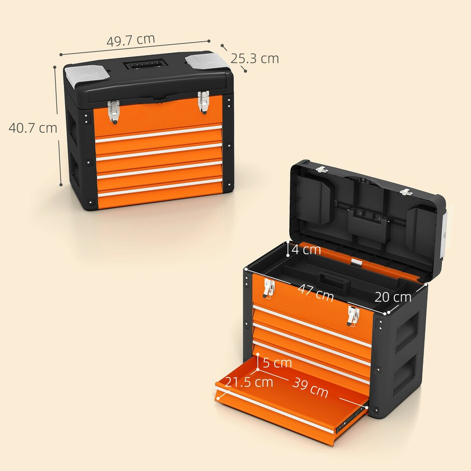 image 1 of HOMCOM 4 Drawers Large Tool Box, Steel Toolbox with Handle, Orange | Orange | Black | 49.7L x 25.3W x 40.7H cm | 1