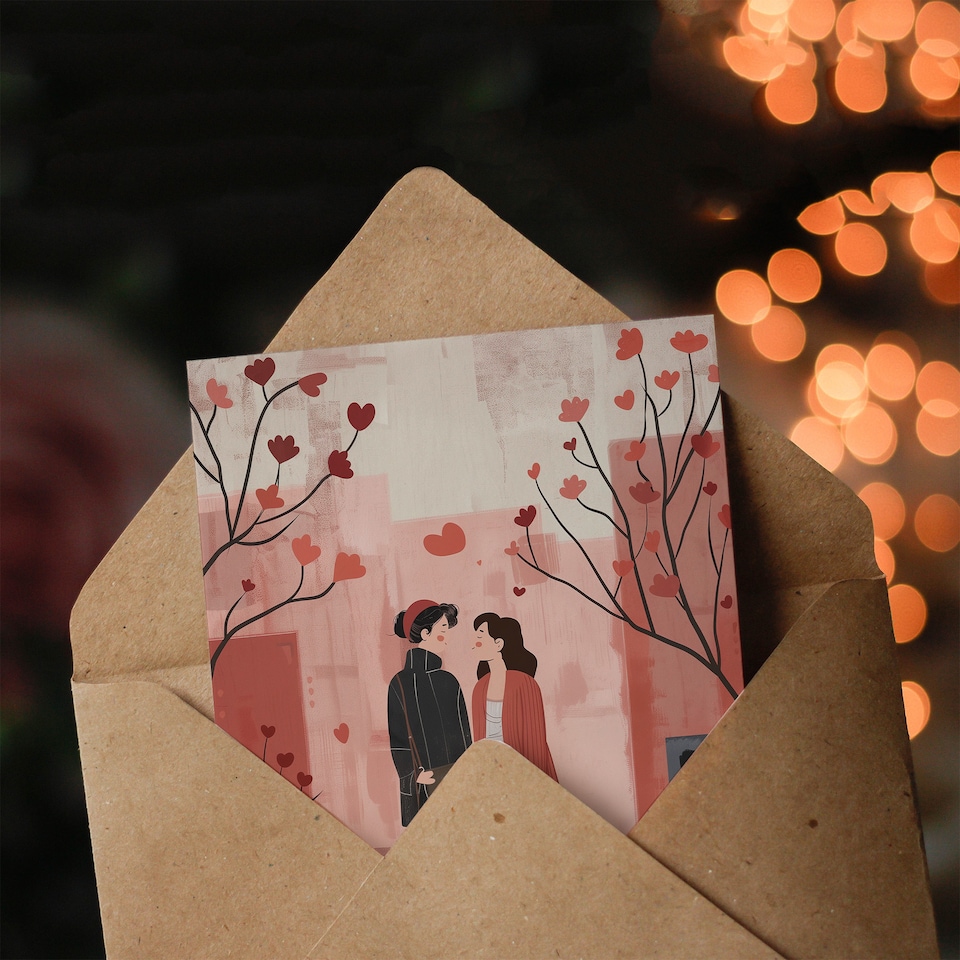 image 1 of Lgbtq Couple on Romantic Walk With Pet Dog Valentine's Day Card