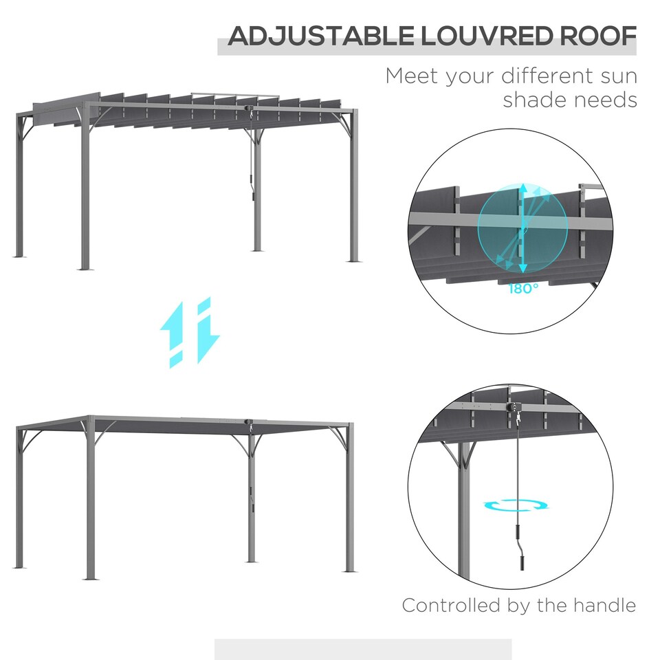 image 1 of Outsunny 4 x 3(m) Outdoor Louvered Metal Pergola with Retractable Roof, Grey