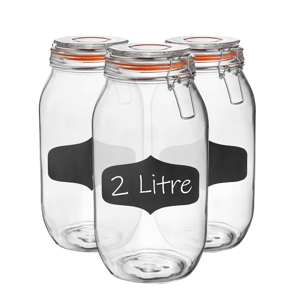 image 1 of Argon Tableware 6x Glass Storage Jars & Labels Set - 2 Litre - 4 Colour Seals Airtight Kitchen Storage Container Preserving Jar