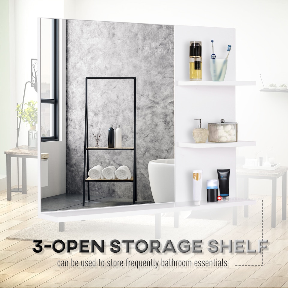 image 1 of kleankin Bathroom Mirror, Wall Mount Vanity Mirror, Modern Make Up Mirror with 3 Storage Shelves, White