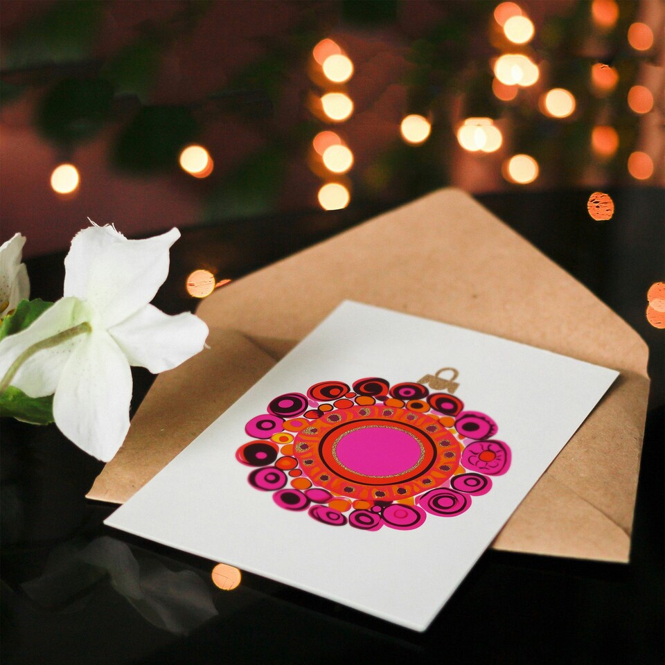 image 1 of Greeting Card Kandinsky Style Pink Orange Vibrant Bauble Design Blank For Him Or Her Art Xmas Christmas Card