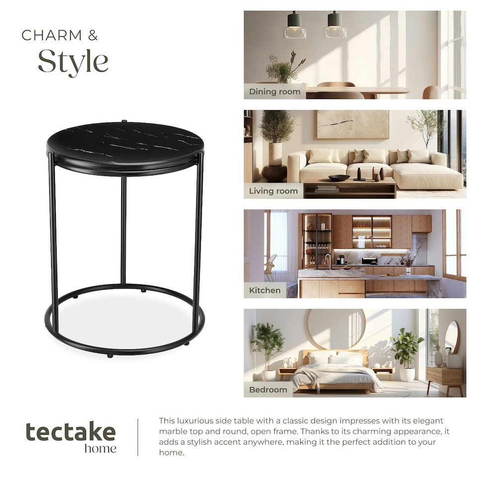 image 1 of Side Table Ellsa - marble top, steel frame, elegant design Black
