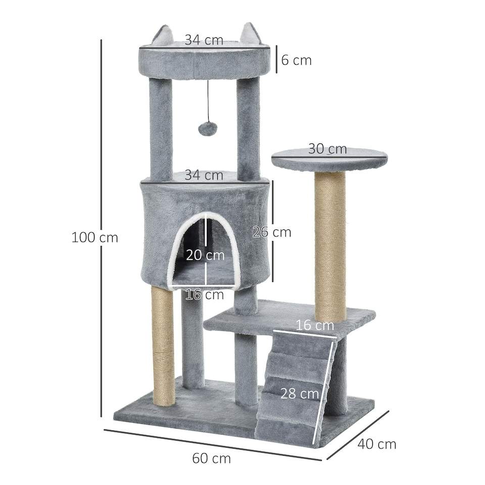 image 1 of PawHut 100cm Cat Condo Tree Tower with Scratching Post, Perch, Light Grey
