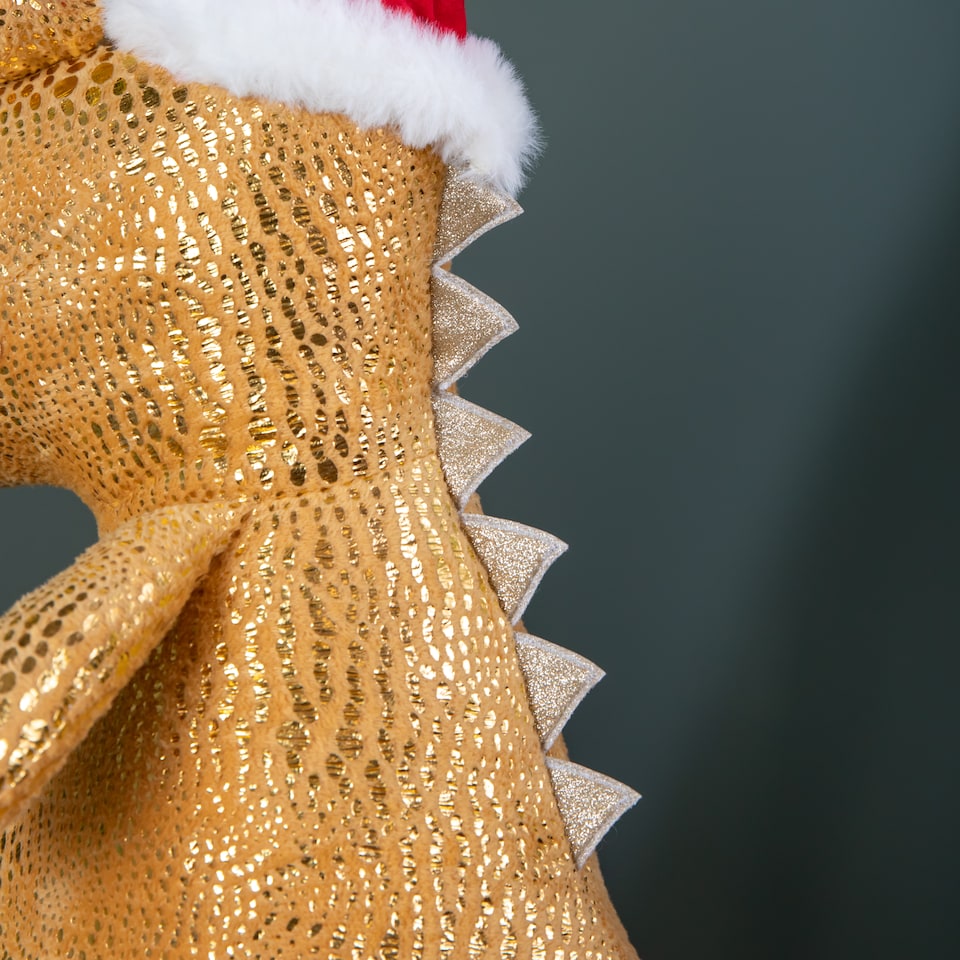 image 1 of 60cm Tall Gold Plush Zilla Dino Sitting Christmas Decoration with Santa Hat