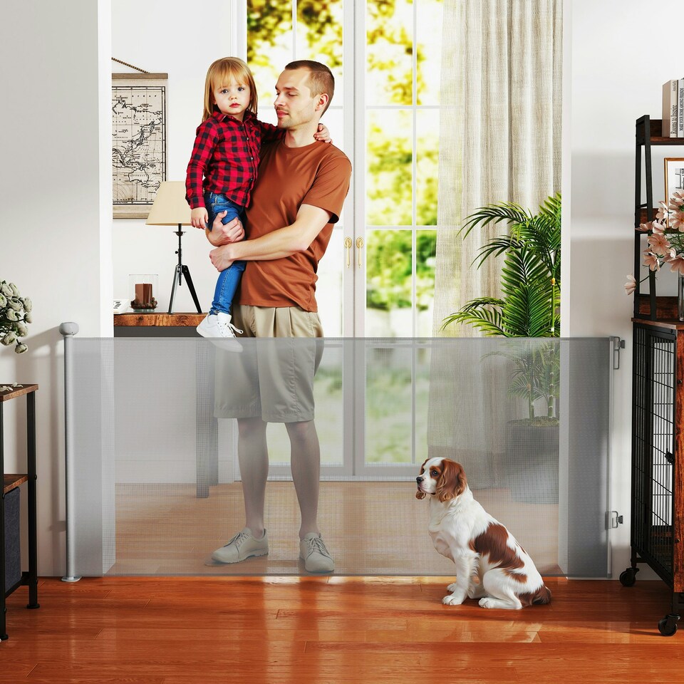 image 1 of PawHut Retractable Stair Gate, Dog Gate Extends Up to 180 cm Wide, Grey