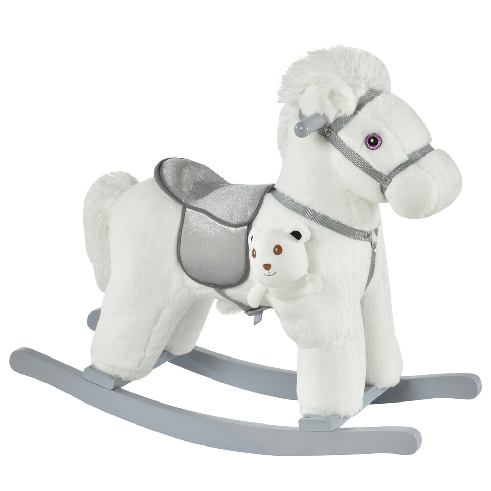 image 1 of HOMCOM Kids Plush Ride-On Rocking Horse Toy Rocker with Plush Toy Realistic Sounds for Child 18-36 Months White