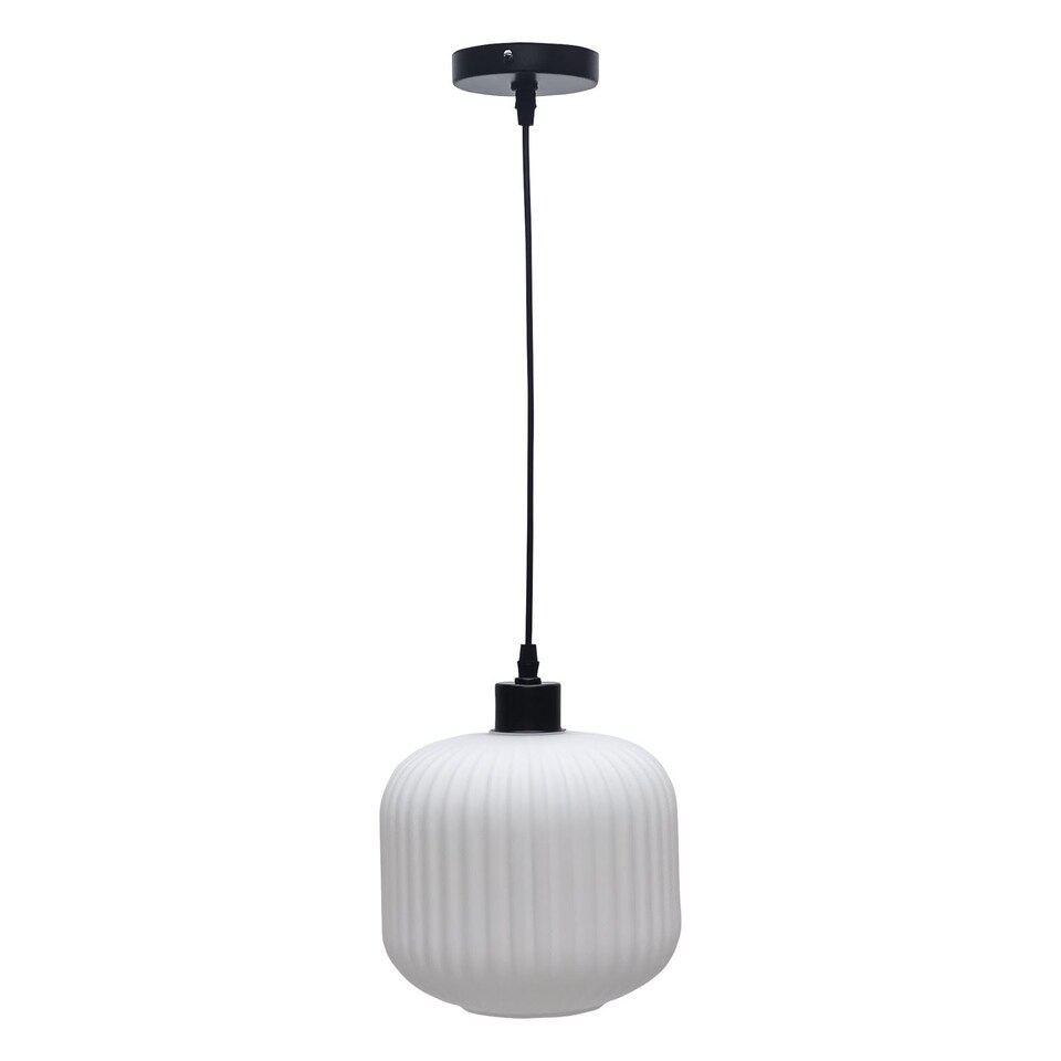 image 1 of Bento - White Ribbed Glass with Black Pendant Fitting | Black | White | 1