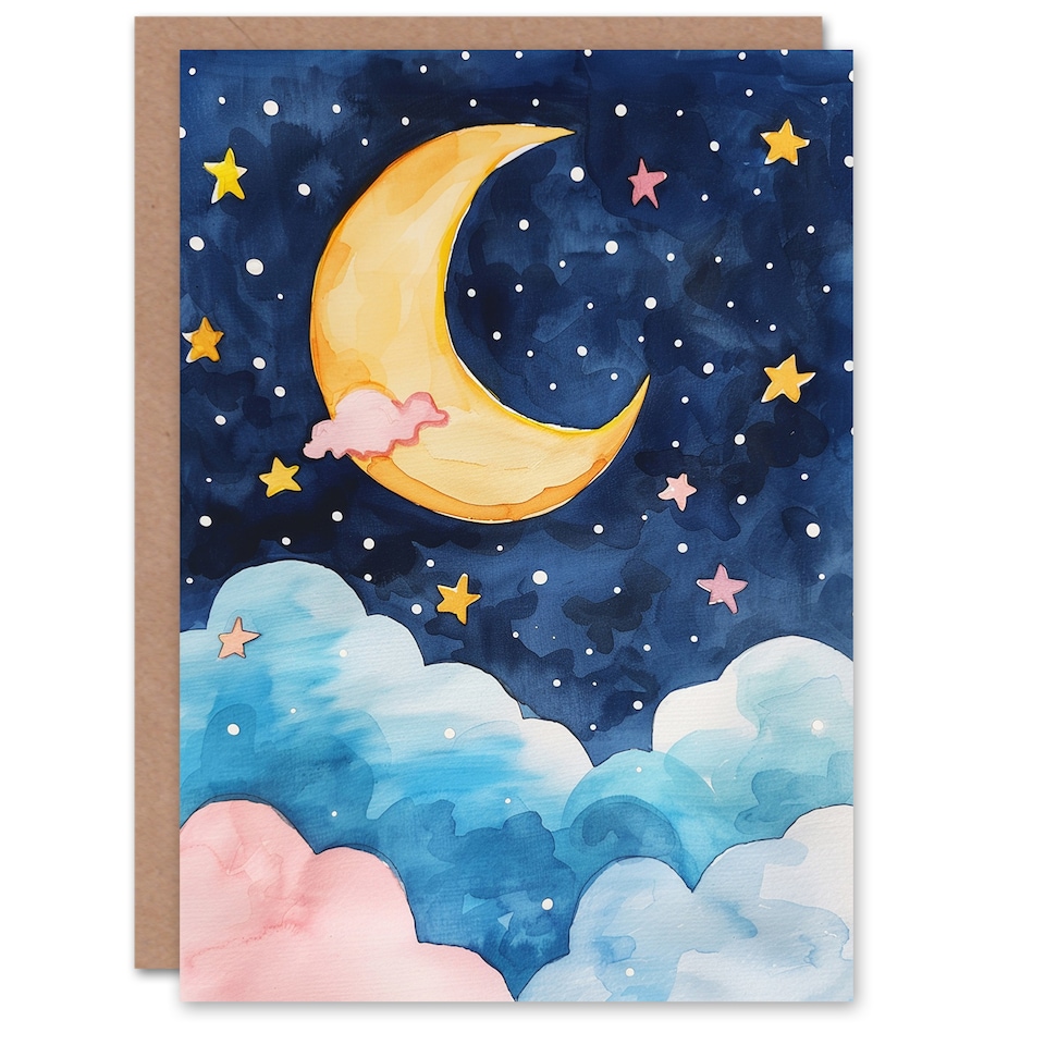 image 1 of Crescent Moon Stars Clouds Night Sky Watercolour Thank You Card