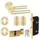 image 1 of Golden Grace Straight T-Bar Design Euro Lock Door Handle Set in Satin Brass with 70mm Key, Thumbturn and Hinges Gold