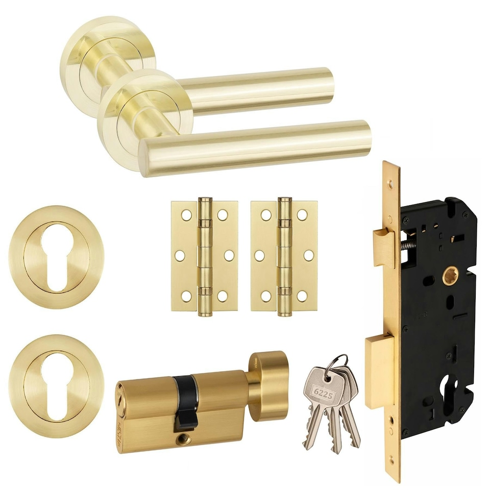 image 1 of Golden Grace Straight T-Bar Design Euro Lock Door Handle Set in Satin Brass with 70mm Key, Thumbturn and Hinges Gold