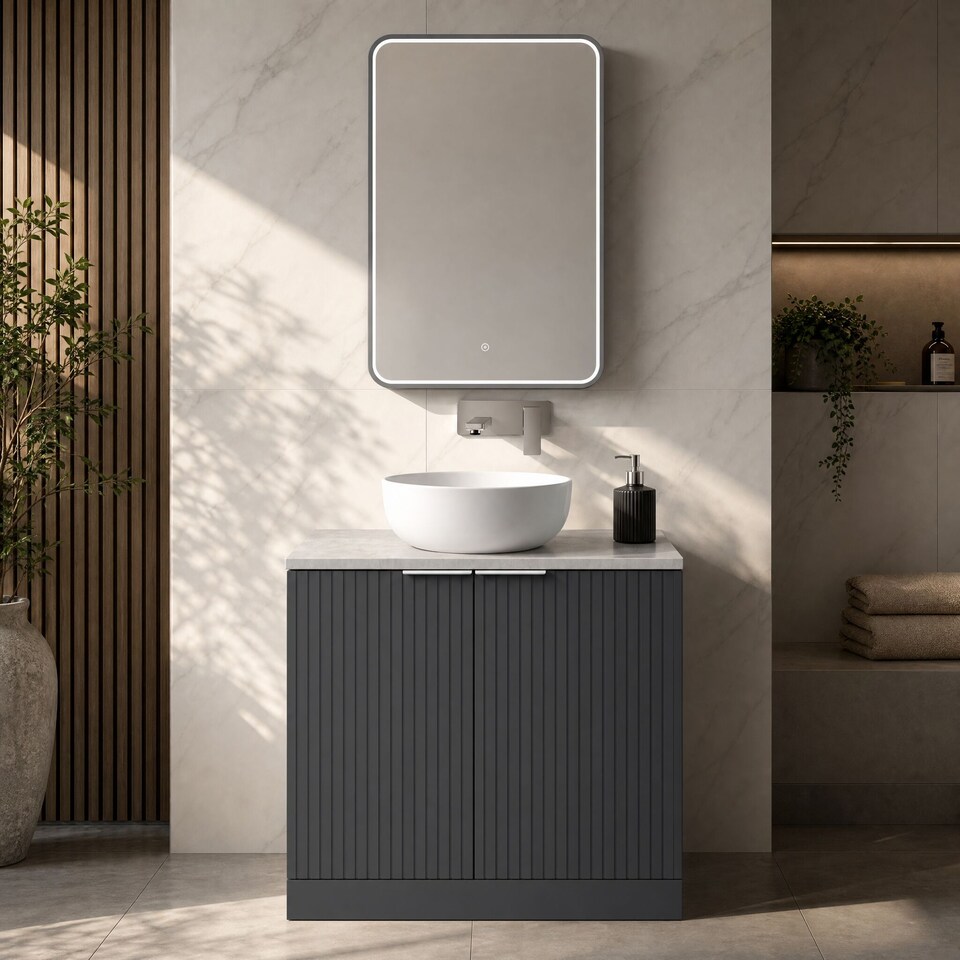 image 1 of Balterley Callingwood Contemporary Floor Standing 2 Door Vanity Unit with Bellato Grey Laminate Worktop , 800mm, Dark Grey