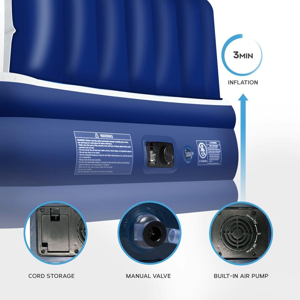 image 1 of Get Fit Air Bed With Built In Electric Pump - King Airbed Blow Up Bed With Headboard, 2 Free Inflatable Pillows - Elevated Inflatable Air Mattress - Navy/White