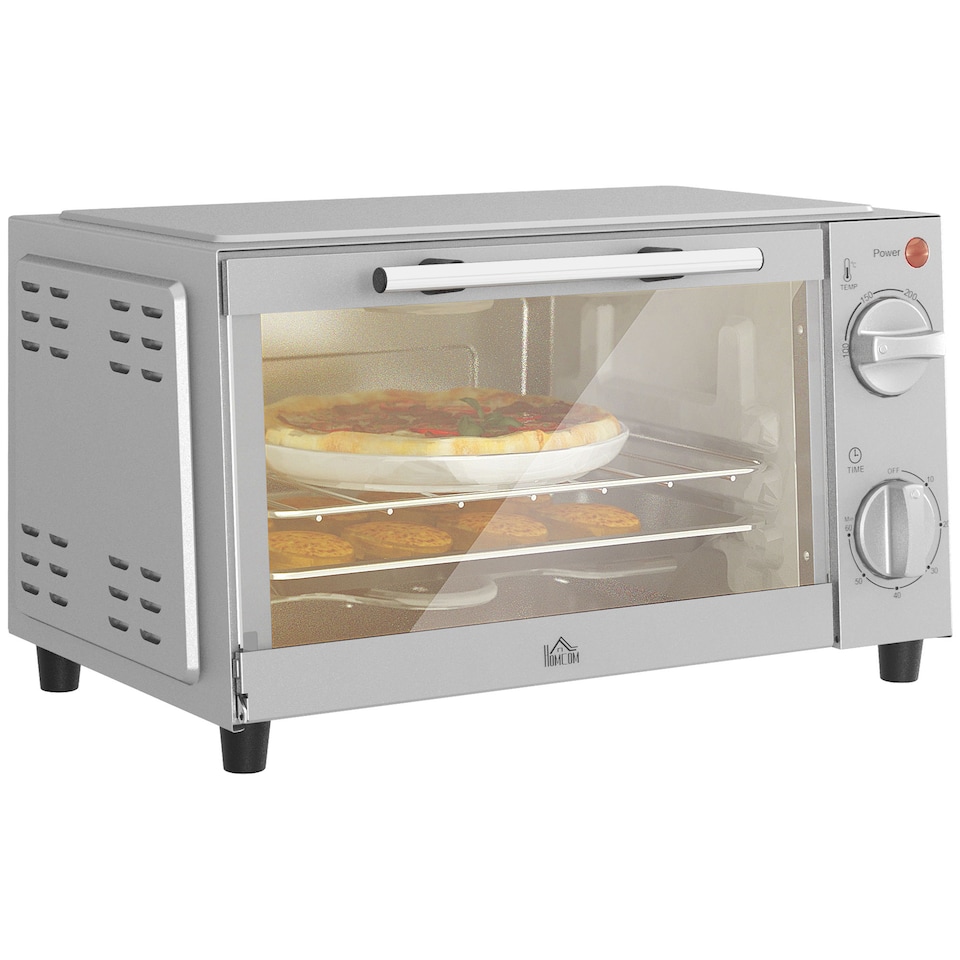 image 1 of HOMCOM Mini Oven, 9L Countertop Electric Grill, Toaster Oven with Adjustable Temperature, Timer, Dishwasher Safe Baking Tray and Wire Rack, 750W, Silver