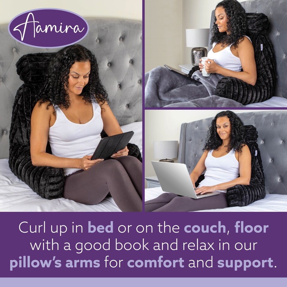 image 1 of Aamira Reading Pillow Black Faux Fur Ribbed Memory Foam Support Cushion | Black | Black | Standard | 1