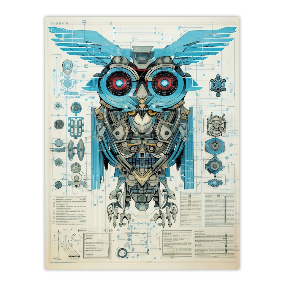 image 1 of Owl Robot Blueprint Sci-Fi Diagram Engineering Black Framed Wall Art Print A4