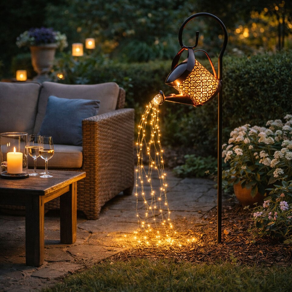 image 1 of Solar Watering Can Stake Light with Cascading Warm White LED