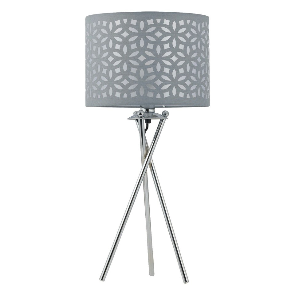 image 1 of First Choice Lighting Chrome Tripod Table Lamp with Grey Laser Cut Shade Chrome | Grey