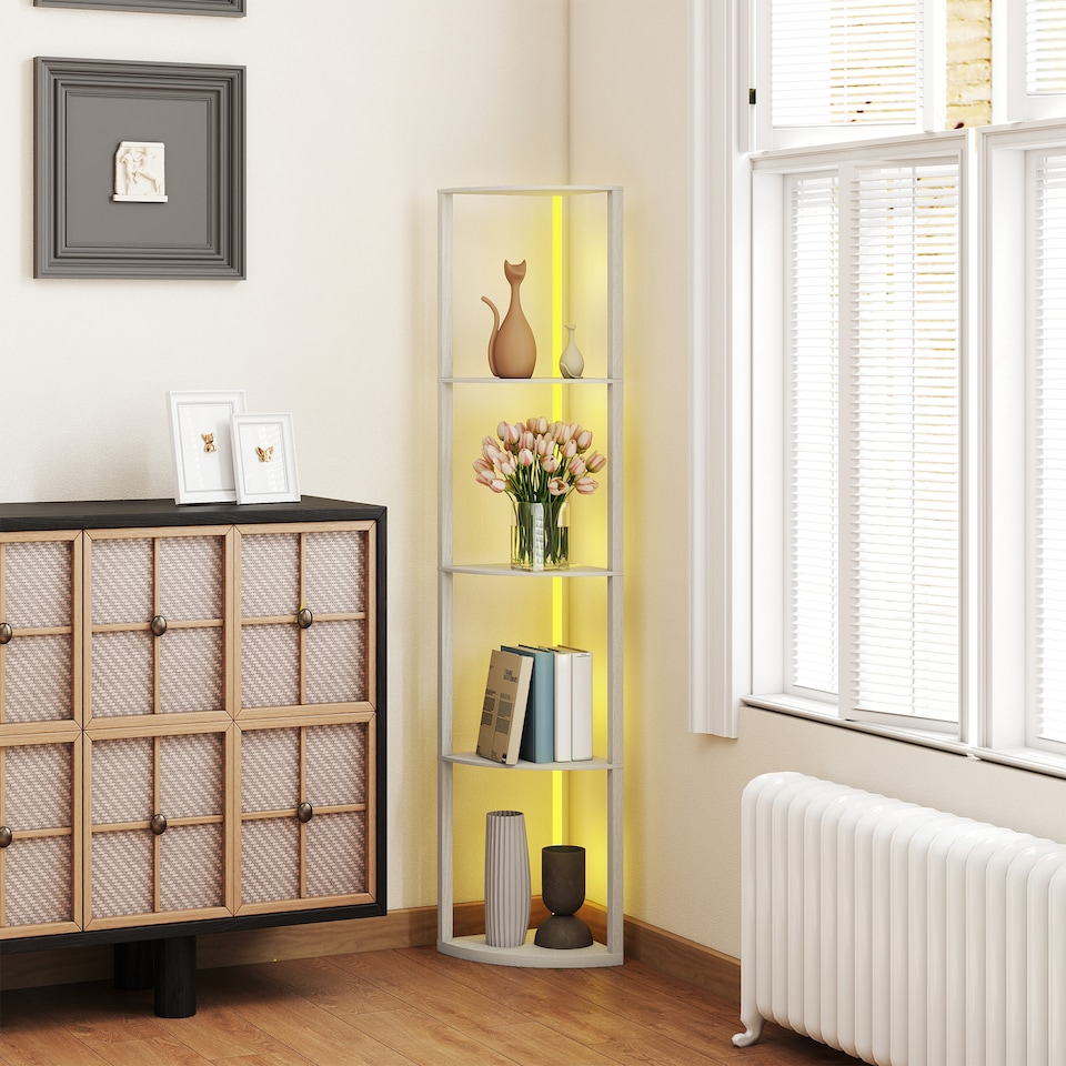 image 1 of HOMCOM RGB LED Floor Lamp with Shelves, 5-Tier Dimmable Standing Lamp with Adjustable Brightness and Remote Control, Modern Corner Display Shelf Unit for Living Room Bedroom Office, Oak | White