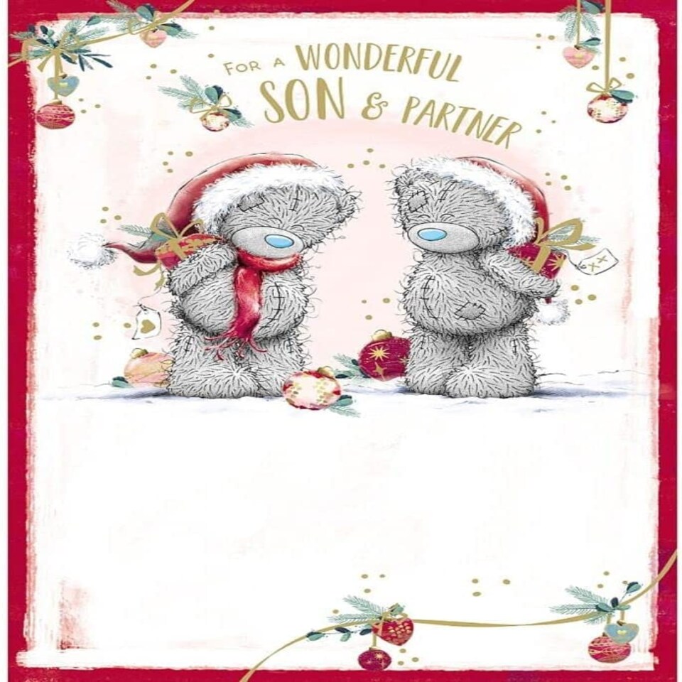 image 1 of Bears With Gifts Behind Backs Son & Partner Christmas Card