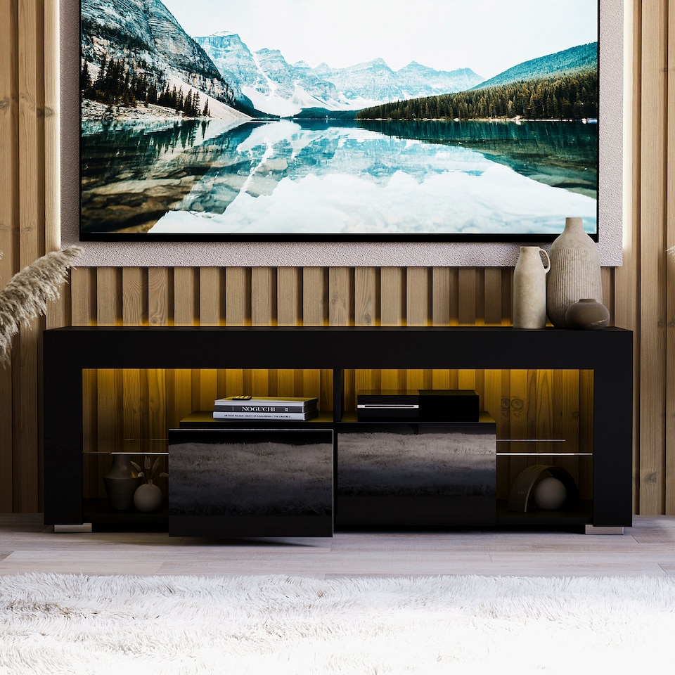 image 1 of Vida Designs Luna 2 Drawer LED TV Unit Entertainment Stand, Grey | Black | 1