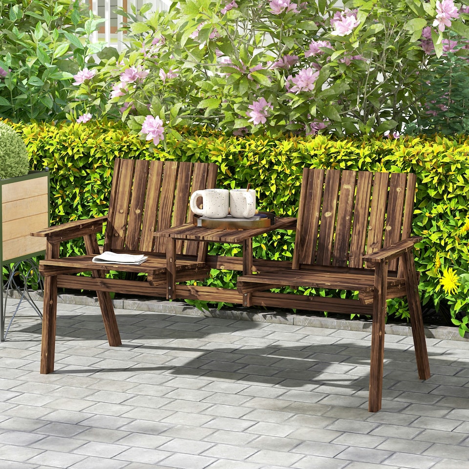 image 1 of Outsunny 2-Seater Wooden Garden Bench with Armrest, Carbonised Finish Brown