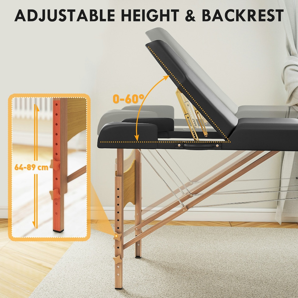 image 1 of HOMCOM Foldable Massage Bed with Beech Wood Legs Face Cradle Armrests Black Black | Natural Wood