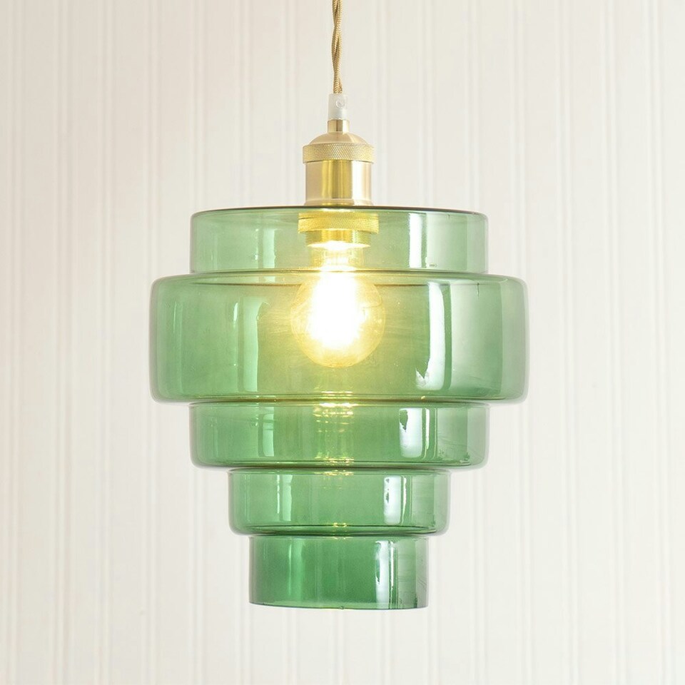 image 1 of ValueLights Lane Green Glass 5 Tier Layered Easy Fit Ceiling Pendant Lamp Shade with Bulb Green