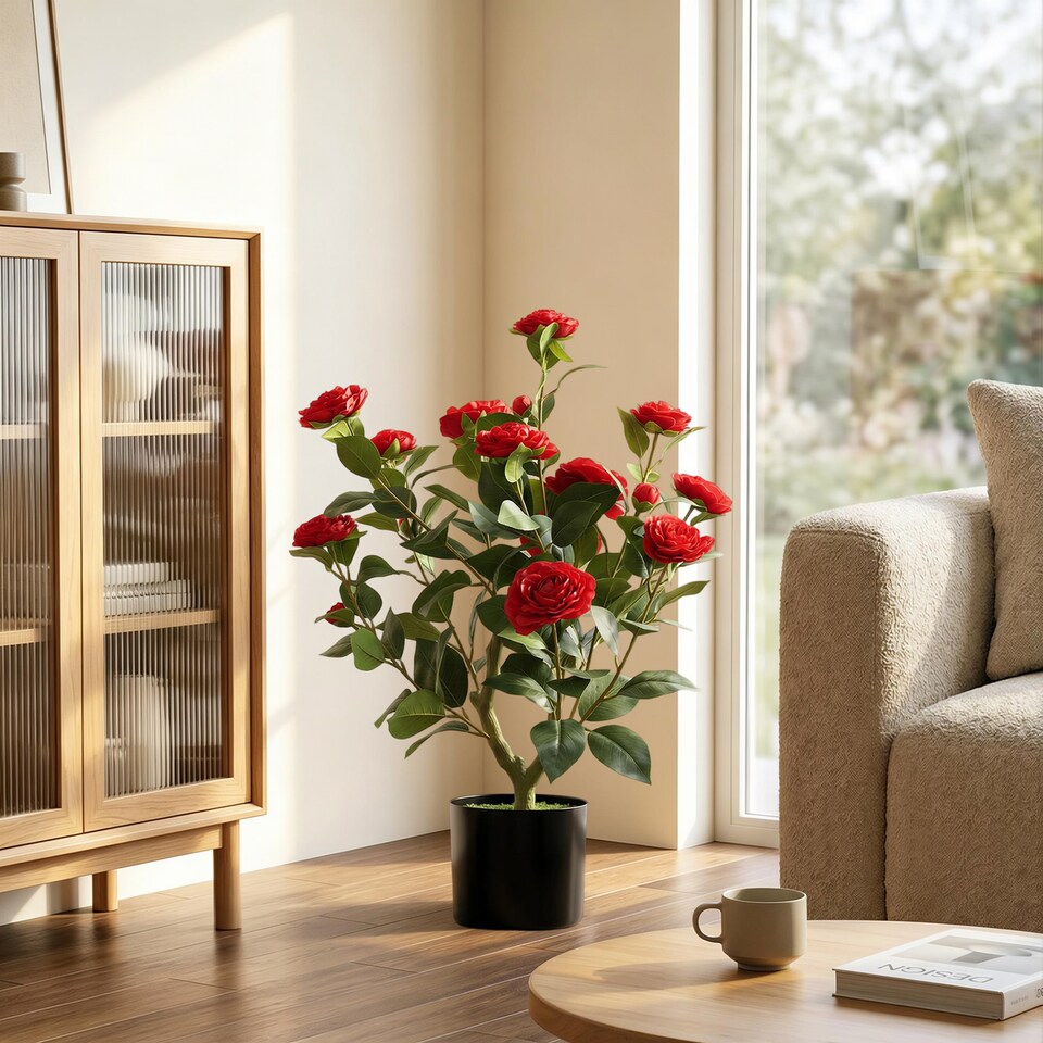 image 1 of HOMCOM 65cm Artificial Camellia Flower Plant with 116 Lush Leaves