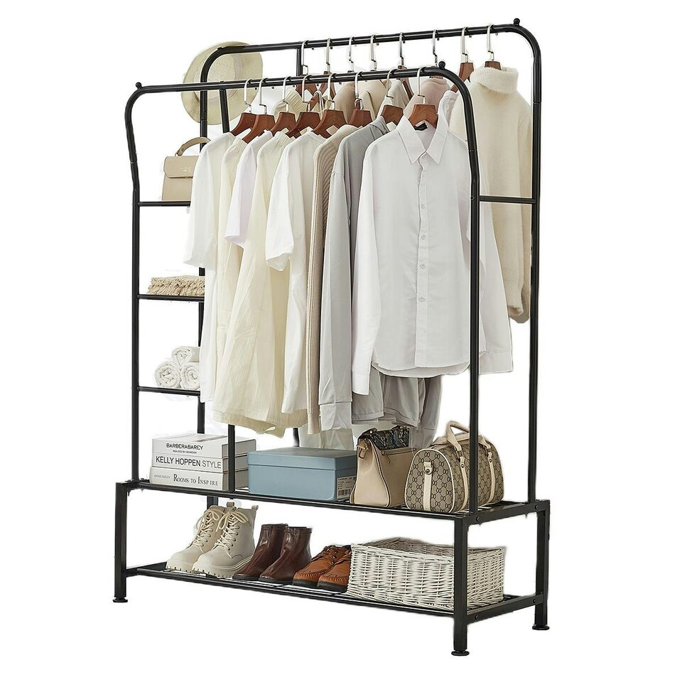 image 1 of Clothes Rail with Double Hanging & Shelves Black Metal Garment Rack Heavy Duty Black | One Size