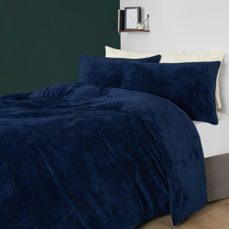 image 1 of Brentfords Teddy Fleece Ultra Soft Duvet Cover and Pillowcase Bedding Set, Single - Navy Blue