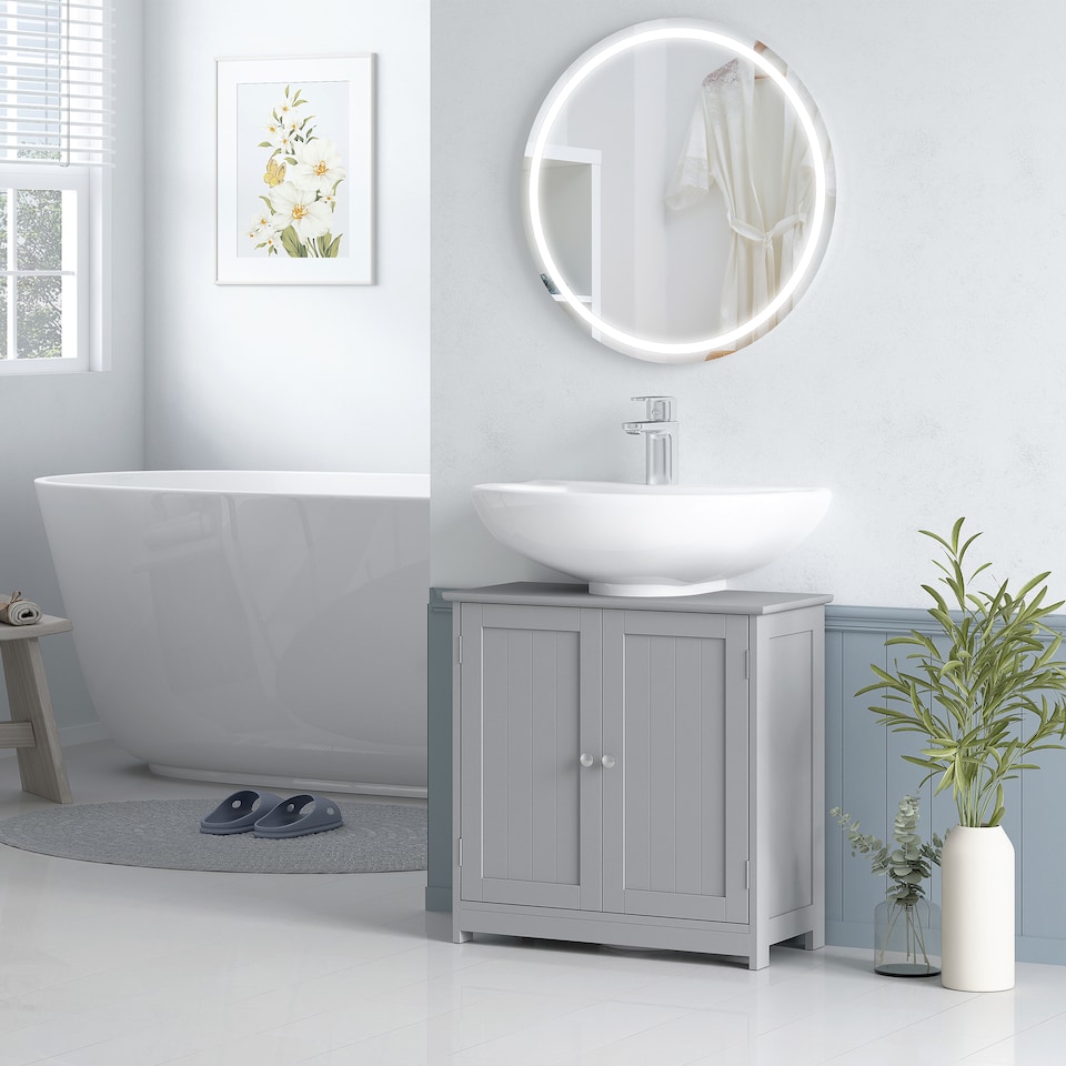 image 1 of kleankin Under Sink Bathroom Cabinet, Freestanding Under Sink Cabinet with 2 Doors and Adjustable Shelf for Basin without or with Pedestal, Grey | Grey | Grey